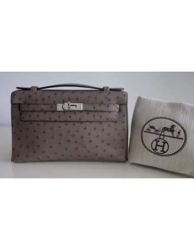 Pochette Hermes Kelly autruche étoupe