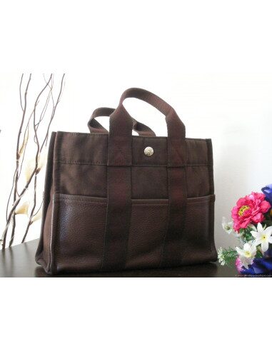 SAC HERMES CUIR ET TOILE MEDIUM BRUN